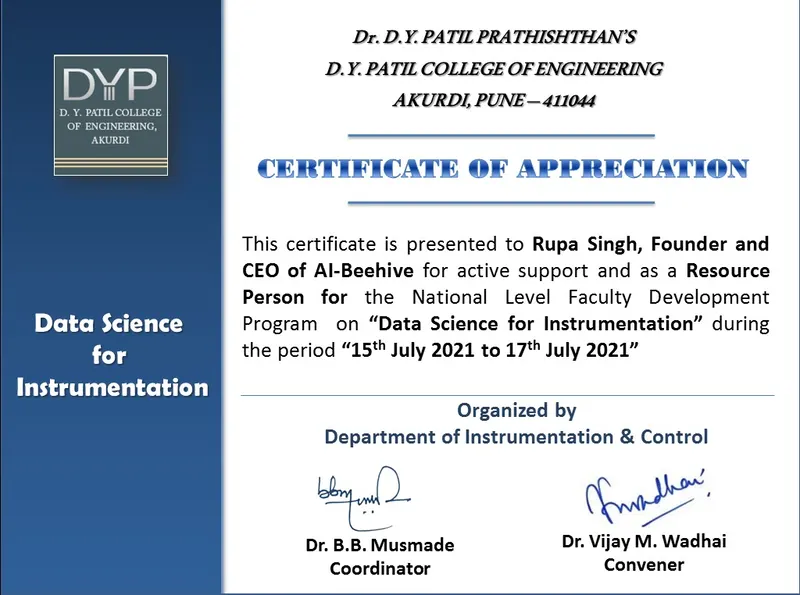 Academic Institutions & Virtual Sessions – D.Y. Patil certificate of appreciation, 2021