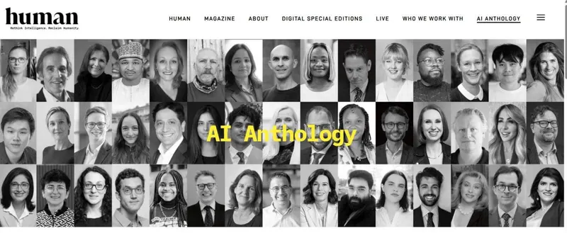 HUMAN Magazine AI Anthology page showing a grid of contributors